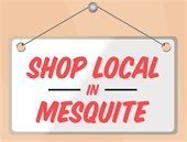 Cartoon drawing of store sign with the words Shop Local in Mesquite