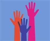 Blue background with three hands in the air as if volunteering 