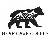 Bear Cave Coffee logo: bear walking with picture of mountains on his side