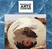 Cover page of spring 2020 Mesquite Arts Center brochure. Includes textured blue background with a photo of an artpiece in a square frame.
