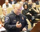 Chief Charles Cato speaking at podium thanking One Community for honoring him with the 2019 Patriot Award