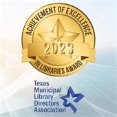 Texas Municipal Library Directors Association logo and award insignia