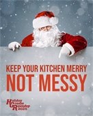 Santa claus depicted pointing at words "Keep your kitchen merry, not messy"