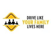 Drive Like Your Family Lives Here logo - Includes stick figure family of four in the middle of a yellow caution sign