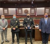 City Manager Cliff Keheley, Fire Chief Russell Wilson, Officer of the Year Chad Rose, Mayor Bruce Archer