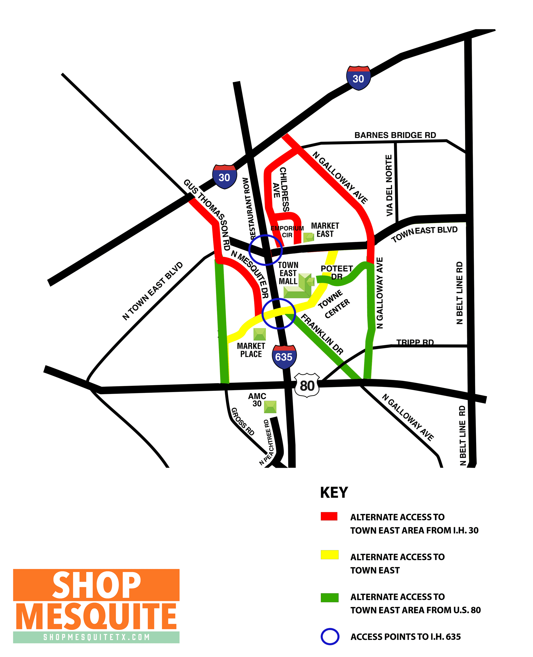 Alternate Routes to Town East Mall area Map