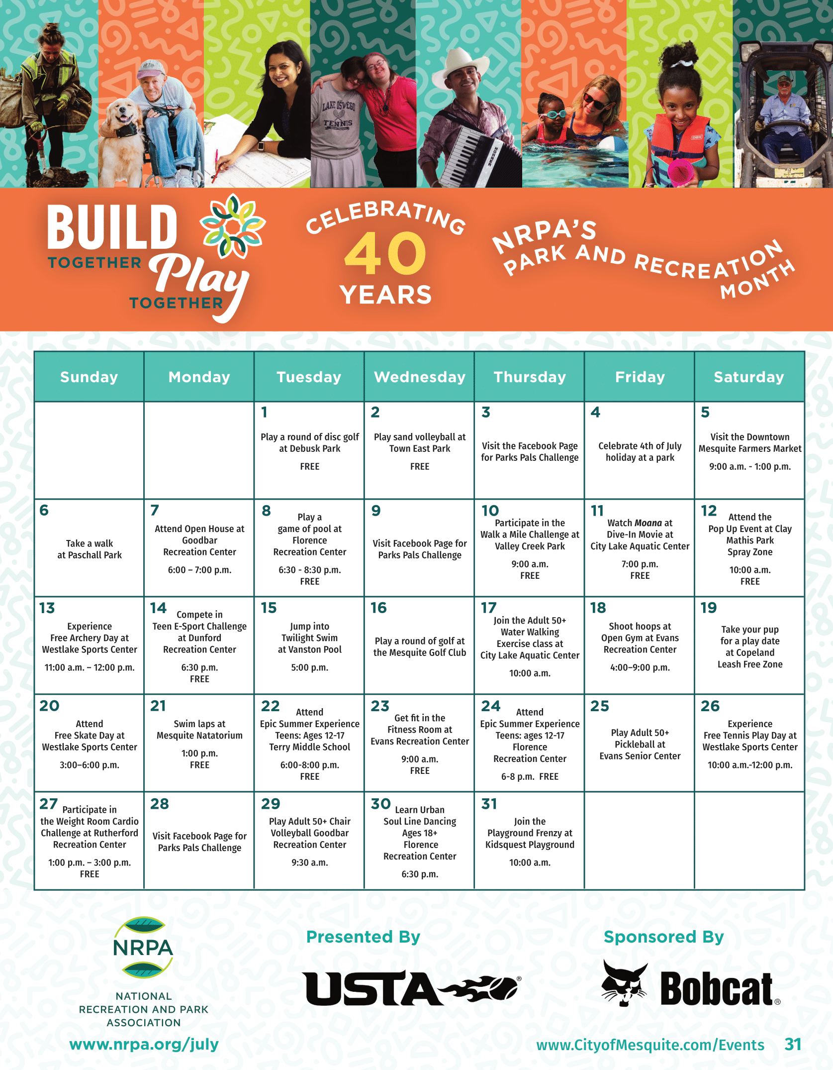 park and recreation month calendar page