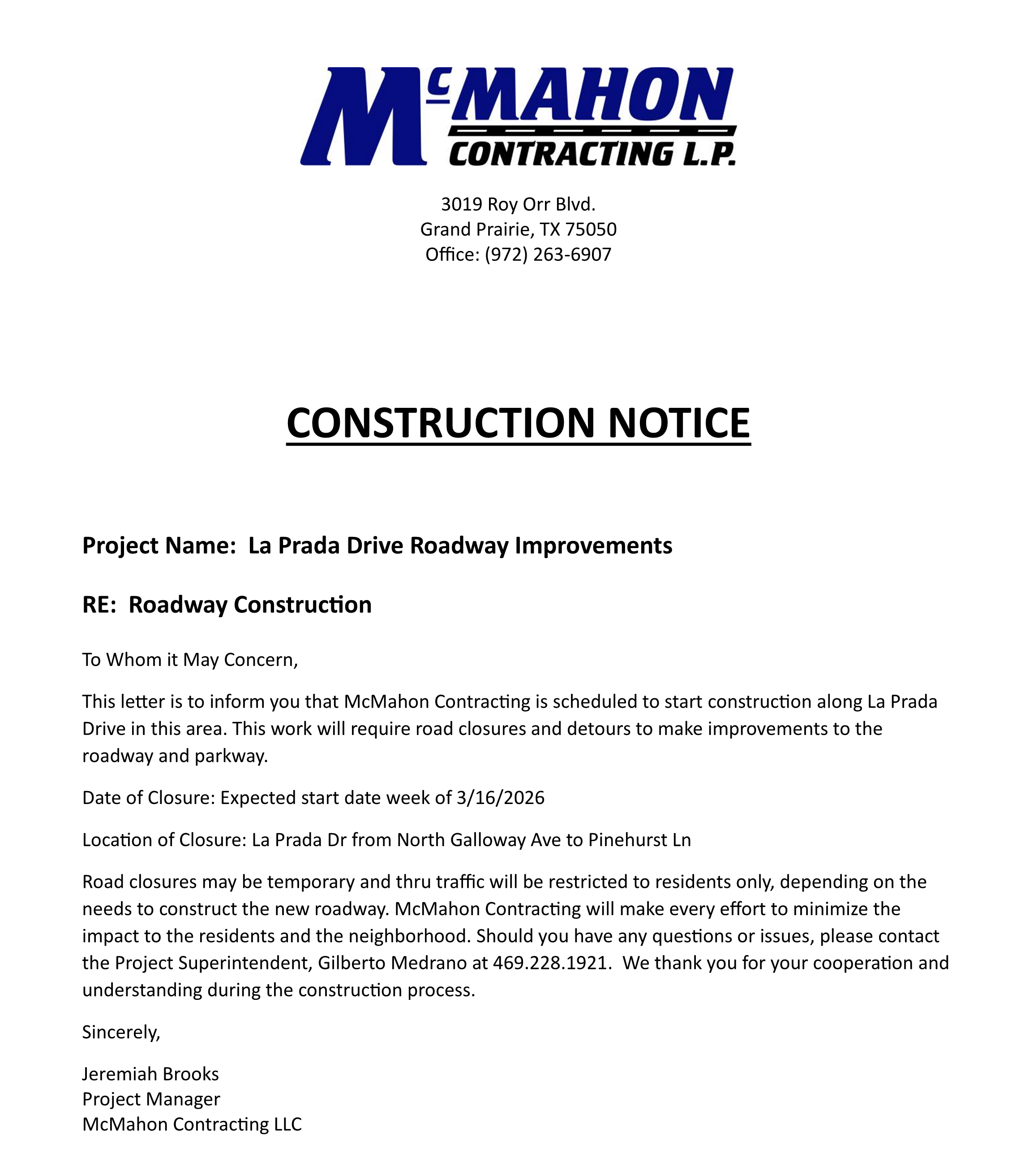 Resident Construction Notice - Road Closure